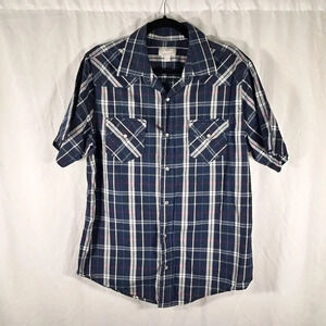 Utility Shirt Men's Large Blue Plaid Pearl Snap Up Short Sleeve 100% Cotton